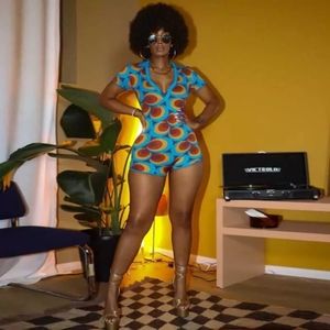 Printing Pants Jumpsuit Lapel Short-Sleeved